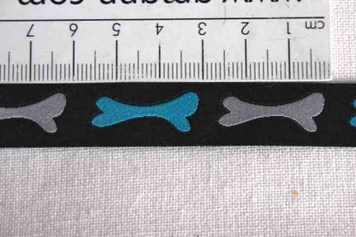 Preview: schwarzes Webband, 16 mm, Motiv: Knochen, Farben:schwarz-türkis-grau
