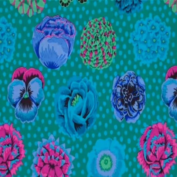 Baumwollstoff des bekannten Designers Brandon Marbly, Muster: Blumen, Farben blau-grün-türkis-lila.