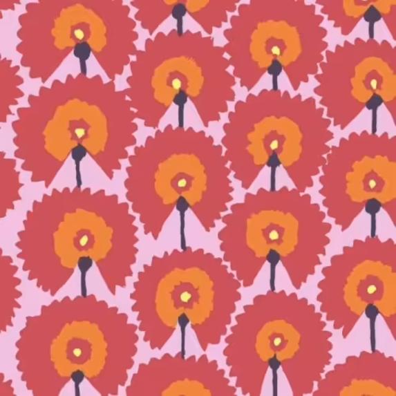 Kaffe Fassett, Muster pinke Blume ca. 9 cm, Farben pink-gelb-rosa-schwarz-orange, 100% Baumwolle Stoffbreite: 110 cm