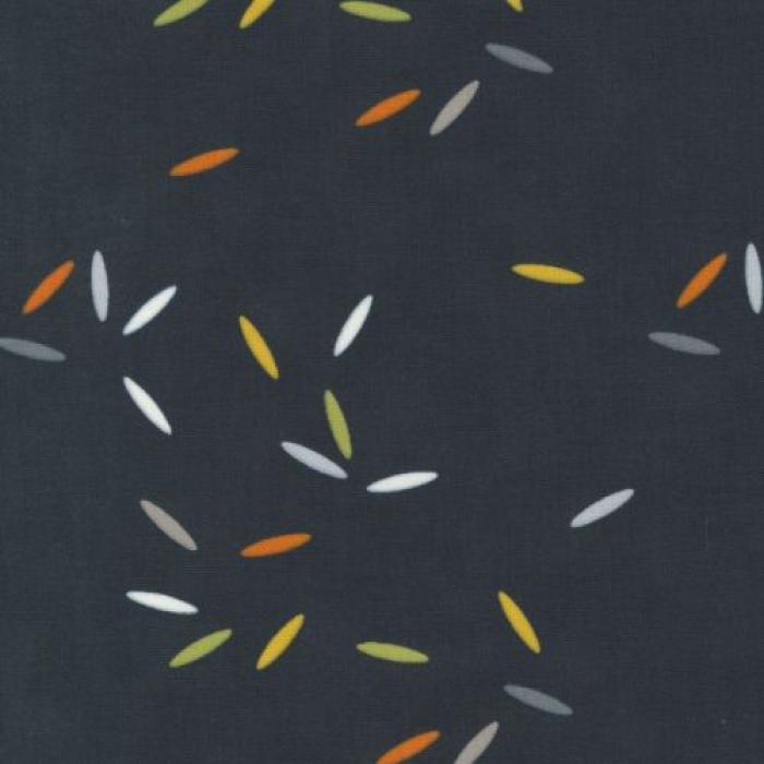 schwarzer Stoff von Zen Chic, Moda, Motiv: bunte Ovale, Farben: weiß-schwarz-orange-grau-grün, 100% Baumwolle, Stoffbreite 110 cm