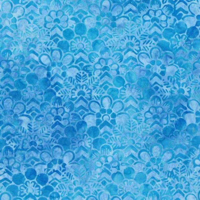 türkiser Batikstoff von Anthology, Motiv türkise Blumen ca 3 cm -  5 cm, Farben: türkis-lila
