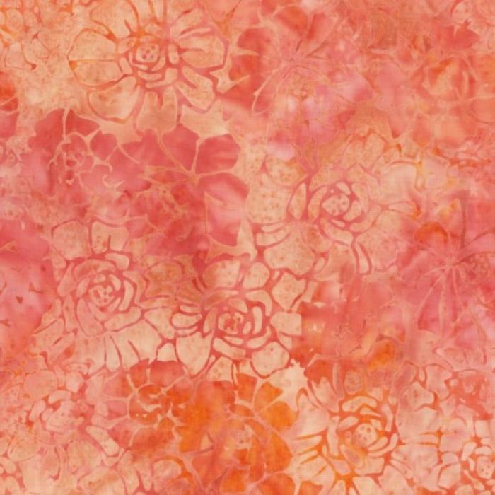 orangener Batikstoff von Anthology, Motiv: Blüten ca 4-8 cm groß, Farben:orange-apricot-lachs