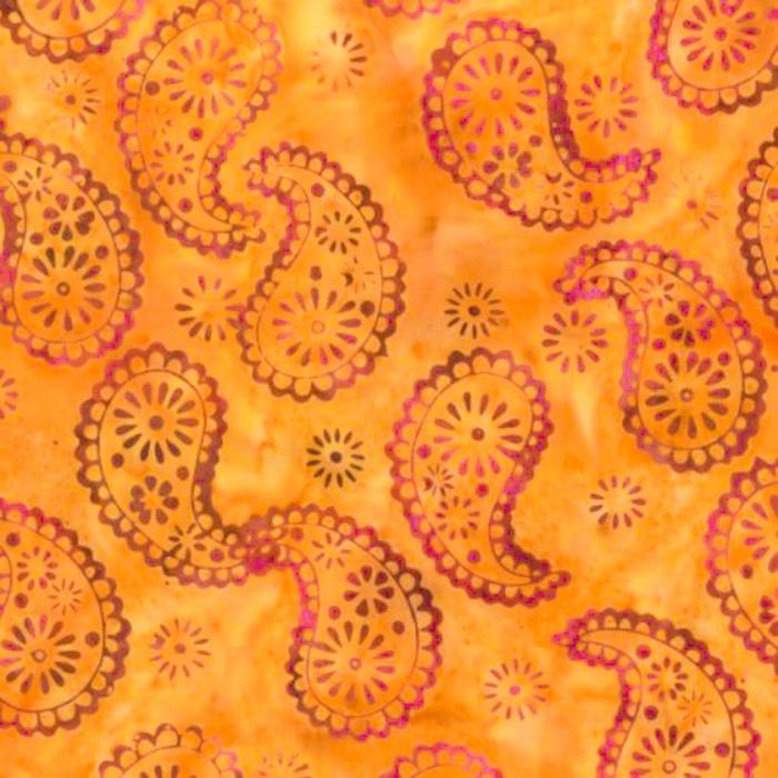 gelb / orange marmorierter Batikstoff von Anthology, Motiv: pinker Paisley, ca  7 cm, 100% Baumwolle Stoffbreite: 110 cm