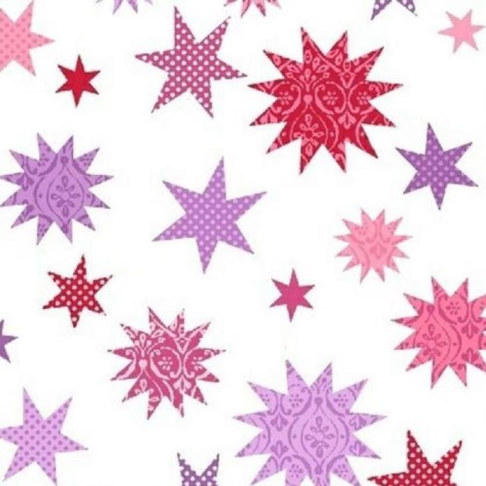 weißer Stoff von Whistler Studios, Motiv Sterne ca. 2 - 4 cm, Farben: weiß - rot-lila-rosa, 100% Baumwolle, Stoffbreite: 110 cm