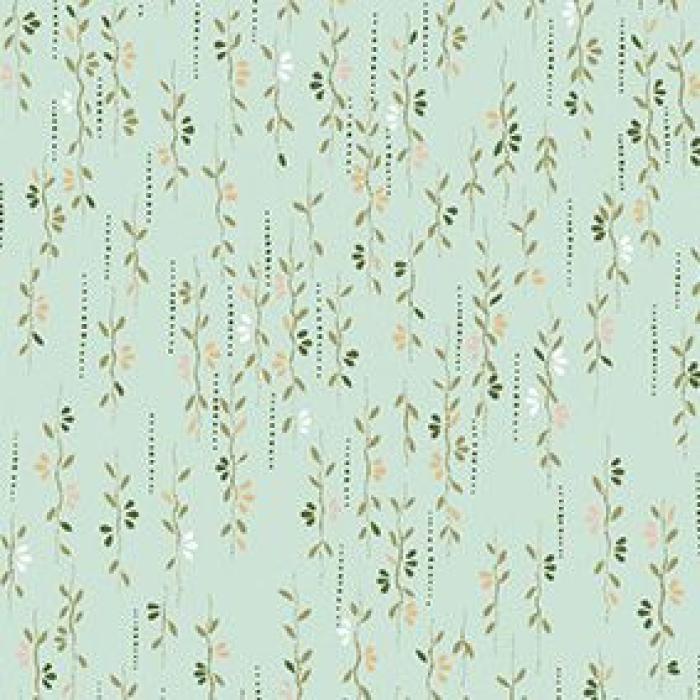 dänischer Stoff von StofA/S, Motiv zarte Blütenranken, Farben mint-braun-weiß-petrol, Öko Tex Standard 100, 100% Baumwolle Stoffbreite 110 cm