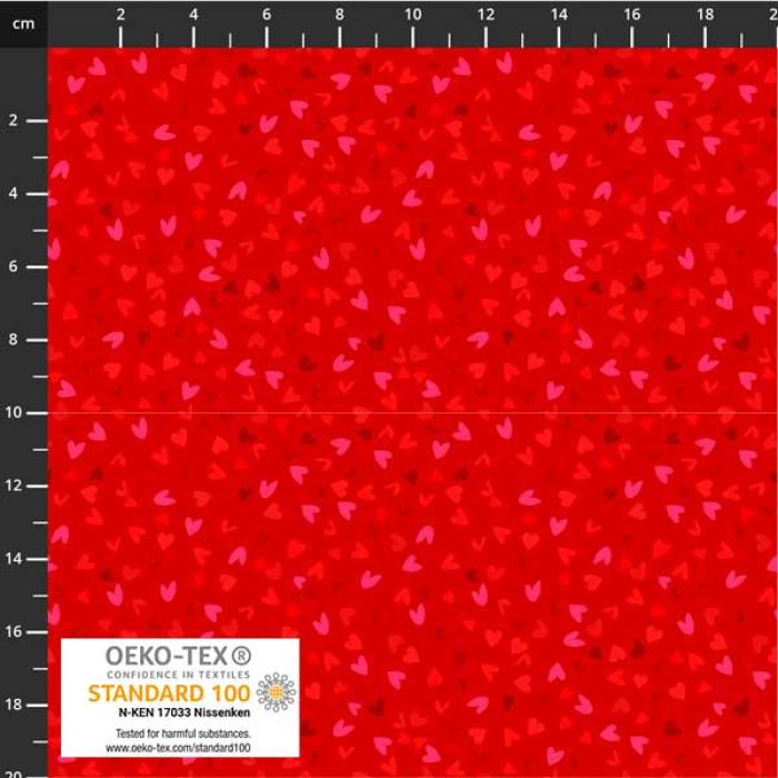 roter Stoff von STOF A/S, Motiv:Herzen ca.0,4 - 1 cm , Farben: rot-orange-braun ,  100% Baumwolle, Stoffbreite: 110 cm