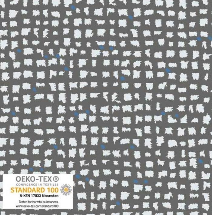 grauer Stoff von StoffA/S, Motiv 0,5 cm hellgraue Quadrate mit petrole Punkte, 100% Baumwolle, Stoffbreite 110 cm
