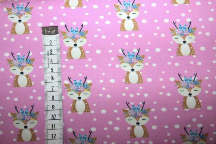 Hilco rosaner Jersey, Motiv.: Hirsch weiße Punkte, Farben:weiß-braun-beige-rosa-blau Ökotex  Stoffbreite: 160 cm 92% Baumwolle, 8% Elastan
