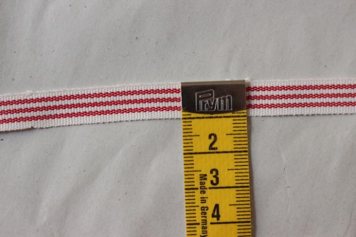 5m dänisches Webband von Artefina auf Holzspule, 8 mm breit, Streifen: weiß-rot Baumwollmischgewebe