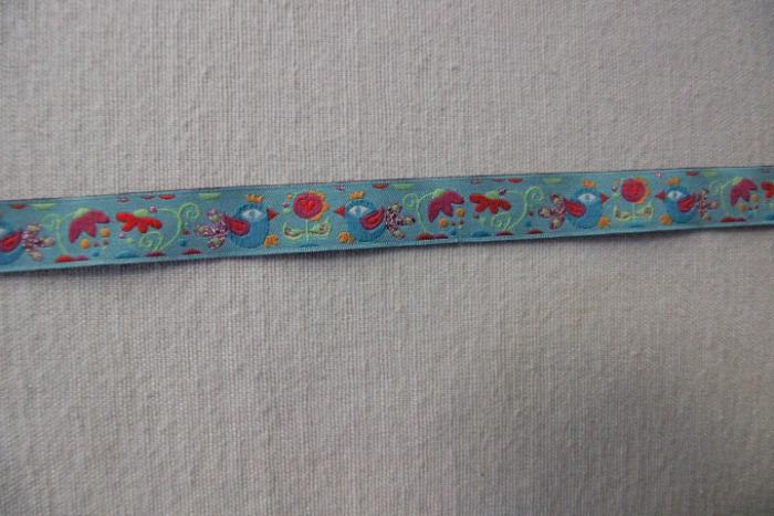 Webband, Motiv: Vögel, Blumen, Farben: türkis, pink, grün