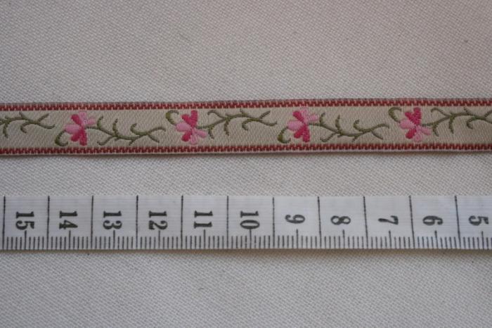 Webband 12 mm, Muster Blumen, Farben: pink-rosa-grün-beige