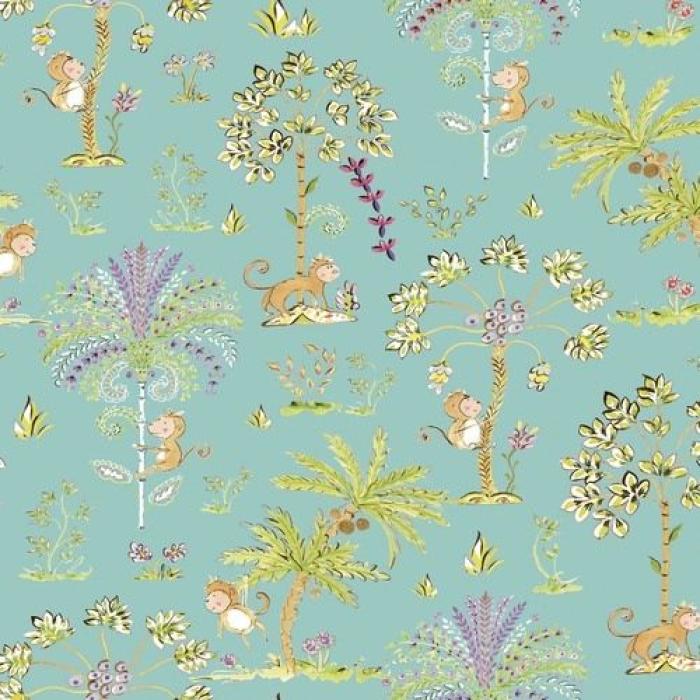 türkiser Stoff aus dem Hause Free Spirit, Motiv:Affe + Baum ca. 14 cm, Farben: türkis-weiß-petrol-grün-braun, 100% Baumwolle Stoffbreite: 110 cm