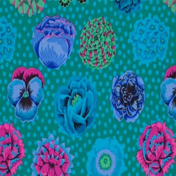 Baumwollstoff des bekannten Designers Brandon Marbly, Muster: Blumen, Farben blau-grün-türkis-lila.