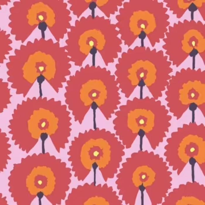 Kaffe Fassett, Muster pinke Blume ca. 9 cm, Farben pink-gelb-rosa-schwarz-orange, 100% Baumwolle Stoffbreite: 110 cm